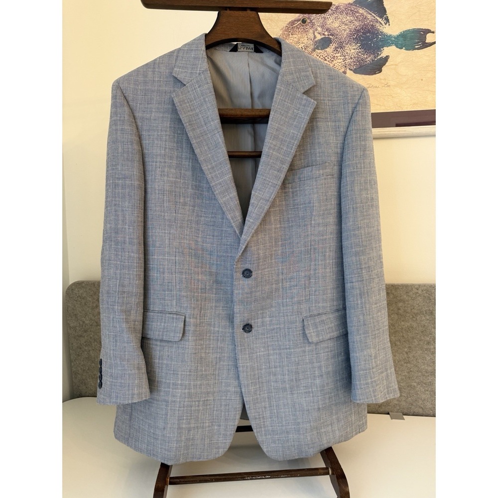 Jos A Bank 46L Blazer Linen Wool Blue Mini Plaid Checked Sport Coat Suit Jacket